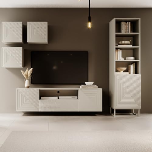 Wohnwand Wohnmöbel Set Kaschmir mit gerillter Front 5-teilig, Regalschrank, Lowboard, 3 Hängeschränke grifflos, Push-to-Open, Metallgestell kaschmirfarben von Lomadox