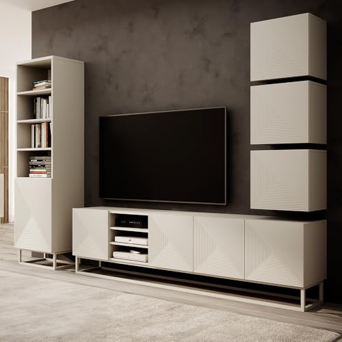 Wohnwand Wohnmöbel Set Kaschmir mit gerillter Front 5-teilig, Regalschrank, Lowboard, 3 Hängeschränke grifflos, Push-to-Open, Metallgestell kaschmirfarben Wohnwand Wohnmöbel Set Kaschmir mit gerillter Front 5-teilig, Regalschrank, Lowboard, 3 Hängeschränke grifflos, Push-to-Open, Metallgestell kaschmirfarben von Lomadox