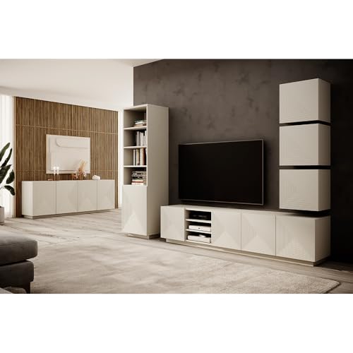 Wohnwand Wohnmöbel Set Kaschmir mit gerillter Front 6-teilig, Sideboard, Regalschrank, Lowboard, 3 Hängeschränke grifflos, Push-to-Open von Lomadox