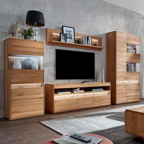 Wohnwand Wohnmöbel Set Kernbuche Buche massiv geölt mit Highboard, Wandboard, Lowboard, Vitrine & LED-Beleuchtung, 5-teilig - Echtholz/Massivholz, Softclose, grifflos von Lomadox