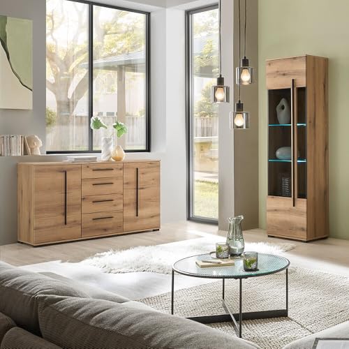 Wohnwand Wohnzimmer-Set 2-teilig in Eiche mit Vitrine & Kommode inkl. LED Beleuchtung von Lomadox