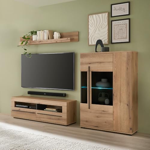 Wohnwand Wohnzimmer-Set 3-teilig mit Lowboard, Wandregal & Vitrine in Eiche mit LED Beleuchtung von Lomadox