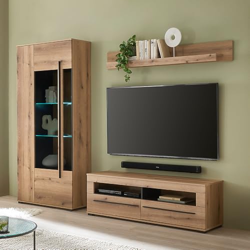 Wohnwand Wohnzimmer-Set 3-teilig mit Vitrine, Lowboard & Wandregal in Eiche inkl. LED Beleuchtung von Lomadox