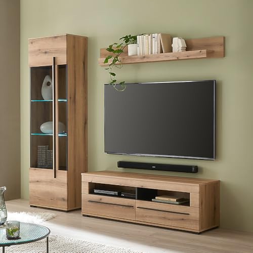 Wohnwand Wohnzimmer-Set 3-teilig mit Vitrine, Lowboard & Wandregal inkl. LED Beleuchtung von Lomadox