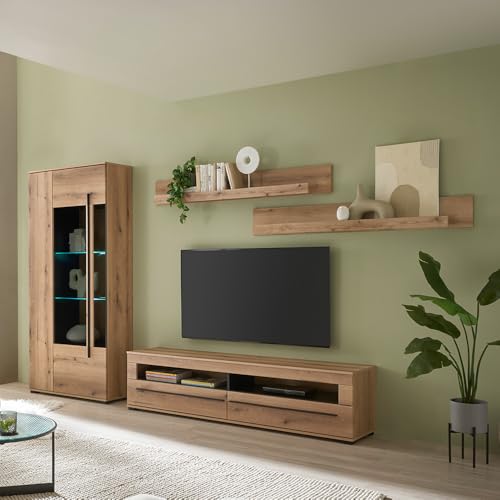 Wohnwand Wohnzimmer-Set 4-teilig mit Vitrine, Lowboard & Wandregal in Eiche inkl. LED Beleuchtung von Lomadox