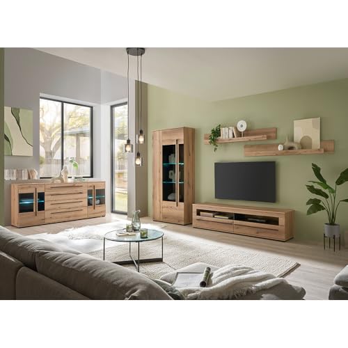 Wohnwand Wohnzimmer-Set 5-teilig in Eiche mit Vitrine, Lowboard & Vitrinenschrank mit LED Beleuchtung Wohnwand Wohnzimmer-Set 5-teilig in Eiche mit Vitrine, Lowboard & Vitrinenschrank mit LED Beleuchtung von Lomadox