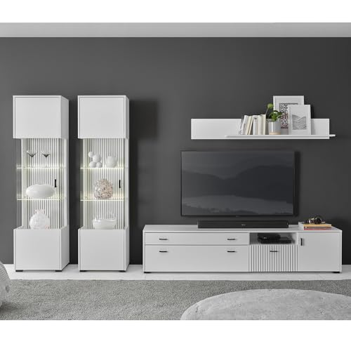 Wohnwand Wohnzimmer Set TV-Wand modern weiß matt 2 Vitrinen 200cm TV Lowboard Wandregal von Lomadox