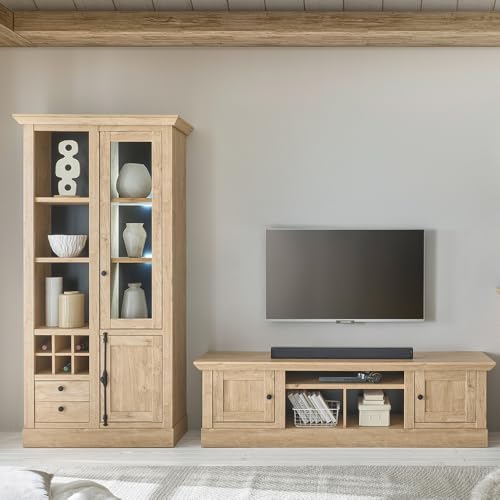 Wohnwand Wohnzimmer-Set in Eiche mit schwarz 2-teilig, Landhausstil, 1 Lowboard & 1 Vitrine mit LED-Beleuchtung von Lomadox