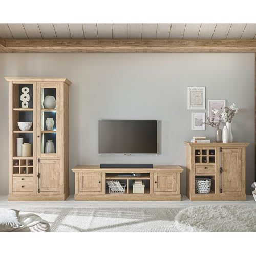 Wohnwand Wohnzimmer-Set in Eiche mit schwarz 3-teilig, Landhausstil, 1 Kommode, 1 Lowboard & 1 Vitrine mit LED-Beleuchtung von Lomadox