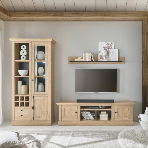 Wohnwand Wohnzimmer-Set in Eiche mit schwarz 3-teilig, Landhausstil, 1 Lowboard, 1 Wandboard & 1 Vitrine mit LED-Beleuchtung Wohnwand Wohnzimmer-Set in Eiche mit schwarz 3-teilig, Landhausstil, 1 Lowboard, 1 Wandboard & 1 Vitrine mit LED-Beleuchtung von Lomadox