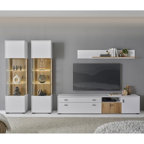 Wohnwand modern Wohnzimmer Set Vitrinen TV Lowboard 200cm Wandboard weiß matt Eiche gerillt von Lomadox