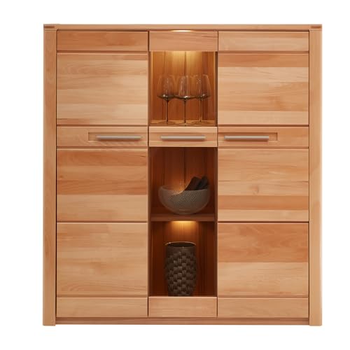 Wohnzimmer Esszimmer Highboard Anrichte Kommode inkl. Beleuchtung, Front Kernbuche massiv von Lomadox