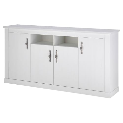 Wohnzimmer Esszimmer Sideboard Kommode mit 201 cm Breite in Pinie weiß, 4 Türen, 2 offene Fächer - Landhaus-Stil von Lomadox