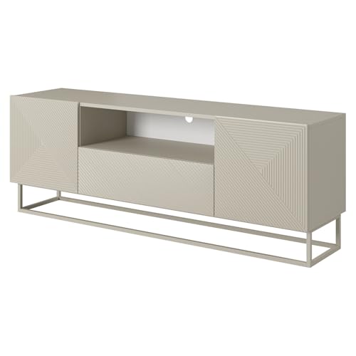 Wohnzimmer Lowboard Fernsehschrank mit 167 cm Breite in Kaschmir mit Metallgestell, 2 Türen, gerillte Front, 1 Schublade und 1 offenes Fach, grifflos, Push-to-Open von Lomadox