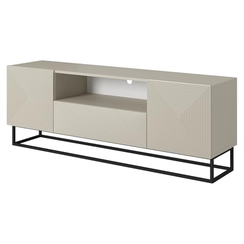 Wohnzimmer Lowboard Fernsehschrank mit 167 cm Breite in Kaschmir mit schwarzem Metallgestell, 2 Türen, gerillte Front, 1 Schublade und 1 offenes Fach, grifflos, Push-to-Open Wohnzimmer Lowboard Fernsehschrank mit 167 cm Breite in Kaschmir mit schwarzem Metallgestell, 2 Türen, gerillte Front, 1 Schublade und 1 offenes Fach, grifflos, Push-to-Open von Lomadox