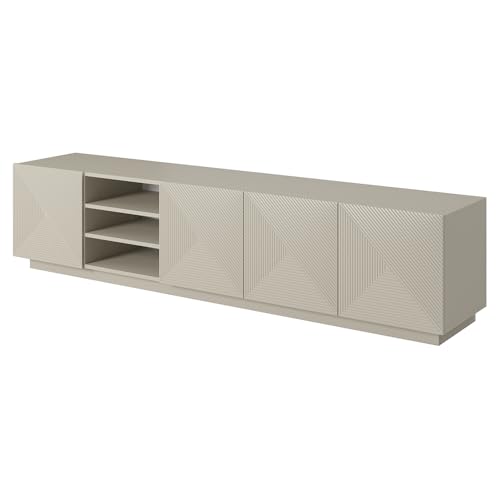 Wohnzimmer Lowboard Fernsehschrank mit 200 cm Breite in Kaschmir, 3 offene Fächer und 4 Türen, gerillte Front, grifflos, Push-to-Open Wohnzimmer Lowboard Fernsehschrank mit 200 cm Breite in Kaschmir, 3 offene Fächer und 4 Türen, gerillte Front, grifflos, Push-to-Open von Lomadox