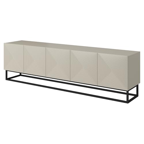 Wohnzimmer Lowboard Fernsehschrank mit 200 cm Breite in Kaschmir mit schwarzem Metallgestell, 5 Türen, gerillte Front, grifflos, Push-to-Open von Lomadox