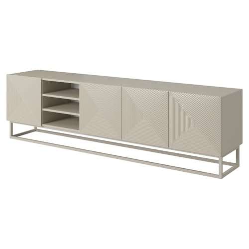 Wohnzimmer Lowboard Fernsehschrank mit 200 cm Breite in Kaschmir und Metallgestell, 3 offene Fächer und 4 Türen, gerillte Front, grifflos, Push-to-Open von Lomadox