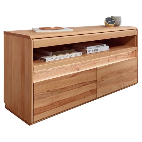 Wohnzimmer Lowboard TV-Schrank mit 123 cm Breite in Buche Buche massiv geölt, inkl. LED-Beleuchtung, mit 1 offenem Fach & 2 Türen, Massivholz/Echtholz, Softclose, grifflos von Lomadox