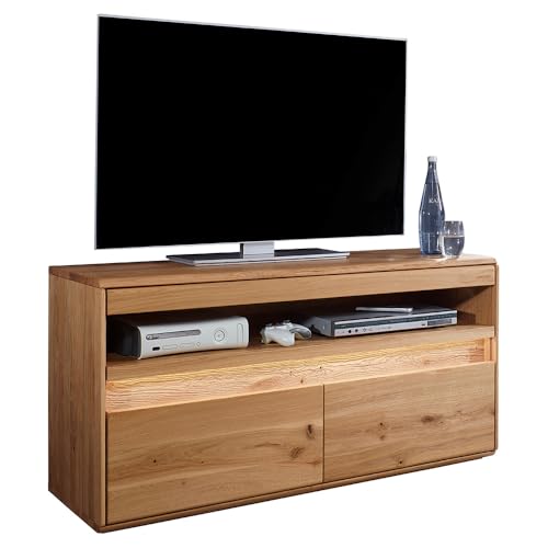 Wohnzimmer Lowboard TV-Schrank mit 123 cm Breite in Eiche massiv geölt, inkl. LED-Beleuchtung, mit 1 offenem Fach & 2 Türen, Massivholz/Echtholz, Softclose, grifflos von Lomadox