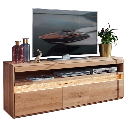 Wohnzimmer Lowboard TV-Schrank mit 165 cm Breite in Eiche massiv geölt, inkl. LED-Beleuchtung, mit 1 offenem Fach & 3 Türen, Massivholz/Echtholz, Softclose, grifflos von Lomadox