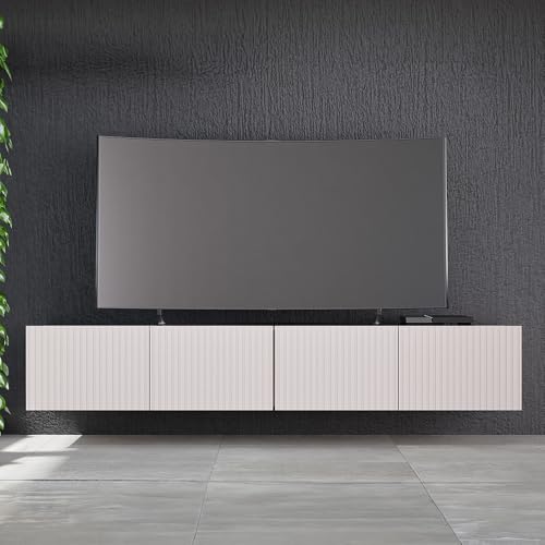 Wohnzimmer Lowboard in Kaschmir mit Rillenfront 200 cm breit 4 Softlcose-Türen griffloses Design wandhängend oder auf Füßen montierbar von Lomadox