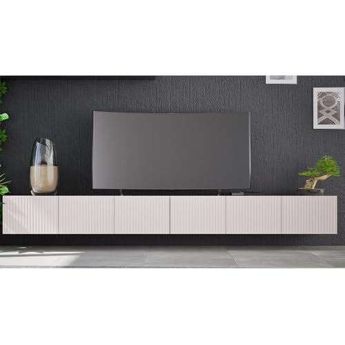 Wohnzimmer Lowboard in Kaschmir mit Rillenfront 300 cm breit mit 6 Softclose-Türen wandhängend oder mit Füßen montierbar von Lomadox