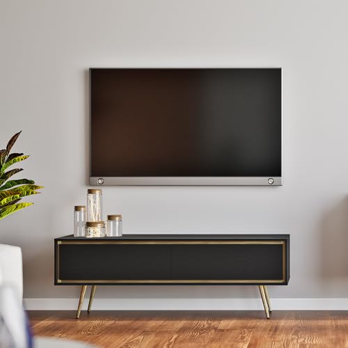 Wohnzimmer Lowboard in schwarzgraphit 150 cm Breite mit goldfarbenen Akzenten stehend Push-to-Open Wohnmöbel Fernsehschrank von Lomadox