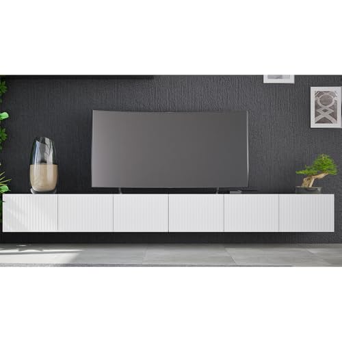 Wohnzimmer Lowboard in weiß matt mit Rillenfront 300 cm breit mit 6 Softclose-Türen wandhängend oder mit Füßen montierbar grifflos von Lomadox
