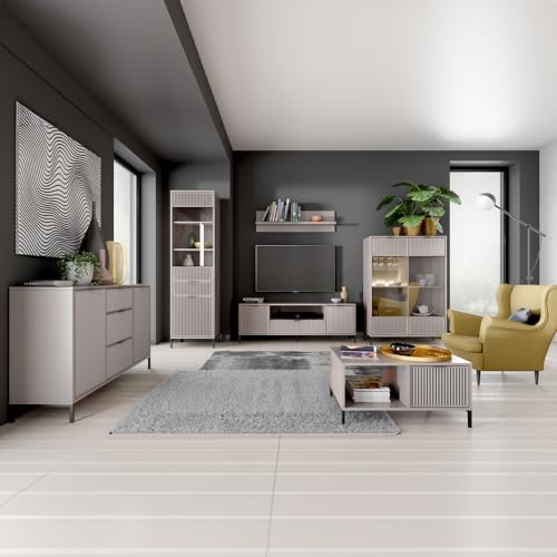 Wohnzimmer Set Wohnwand Anbauwand Kaschmir beige 6-teilig modern Kommode Vitrine Wandregal Lowboard Highboard Couchtisch von Lomadox