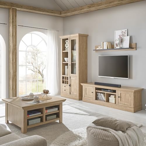 Wohnzimmer-Set Wohnwand in Eiche mit schwarz 4-teilig, Landhausstil, 1 Couchtisch, 1 Lowboard, 1 Wandboard & 1 Vitrine mit LED-Beleuchtung von Lomadox