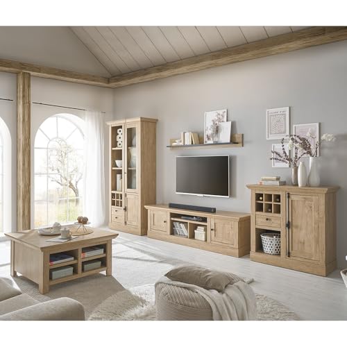 Wohnzimmer-Set Wohnwand in Eiche mit schwarz 5-teilig, Landhausstil, 1 Couchtisch, 1 Kommode, 1 Lowboard, 1 Wandboard & 1 Vitrine mit LED-Beleuchtung von Lomadox
