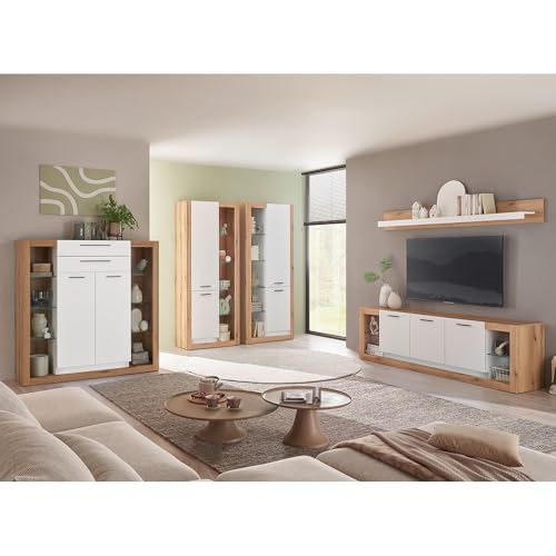 Wohnzimmer-Set mit Highboard, Lowboard, Wandregal & 2 Vitrinenschränken in Eiche mit weiß, modern, 5 teilig von Lomadox