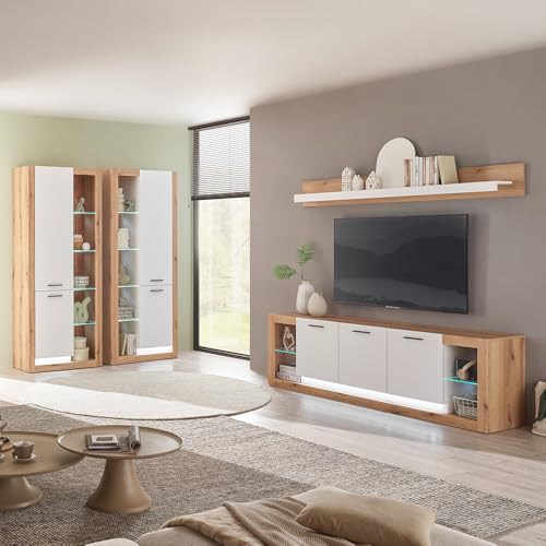 Wohnzimmer-Set mit Lowboard, Wandregal & Vitrinenschränken in Eiche mit weiß, inkl. LED Beleuchtung, modern, 4 teilig Wohnzimmer-Set mit Lowboard, Wandregal & Vitrinenschränken in Eiche mit weiß, inkl. LED Beleuchtung, modern, 4 teilig von Lomadox
