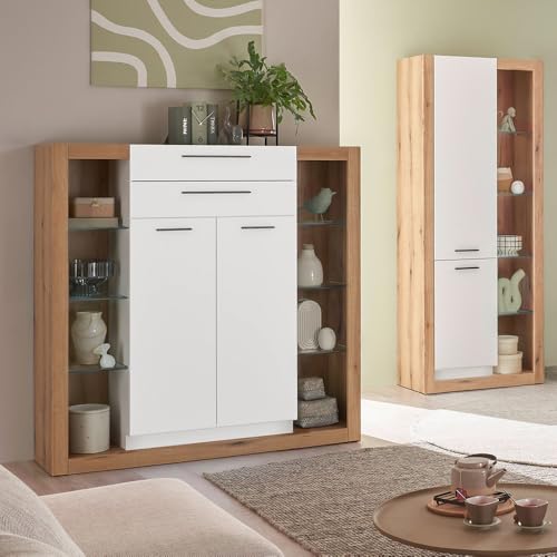 Wohnzimmer-Set mit Vitrinenschrank, Wohnzimmerschrank & Highboard, Kommode in Eiche mit weiß, modern, 2 teilig von Lomadox
