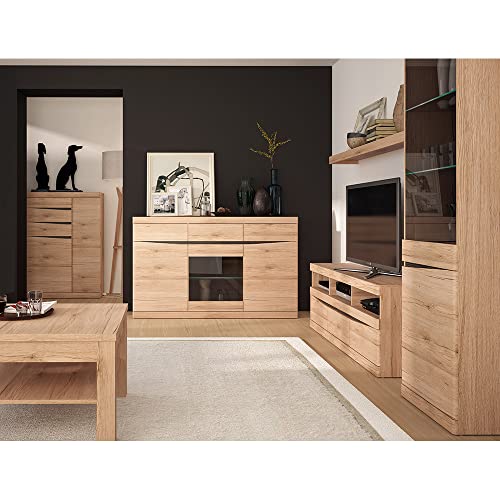 Wohnzimmer Set mit Wohnwand Schrankwand Media Wand TV Lowboard Vitrine Wandboard Couchtisch 75x75 cm Sideboard Highboard in Eiche Nb. von Lomadox