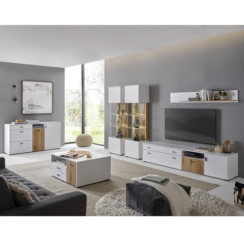 Wohnzimmer Set modern weiß matt mit Eiche Kommode Couchtisch 2 Vitrinen 200cm Lowboard Wandregal Glasboden LED Beleuchtung von Lomadox