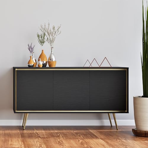 Wohnzimmer Sideboard 3-türig schwarzgraphit mit goldfarbenen Akzenten Push-top-Open Kommode Schrank Wohnmöbel von Lomadox