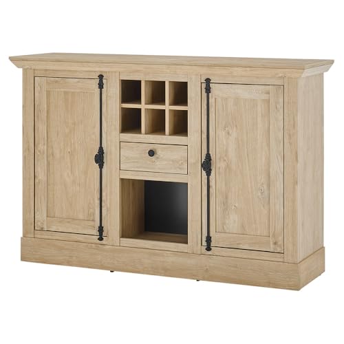 Wohnzimmer Sideboard Kommode 152 cm breit, Eiche mit schwarz, mit 6 Flaschenfächern, 2 Türen und 1 Schublade, Landhausstil von Lomadox