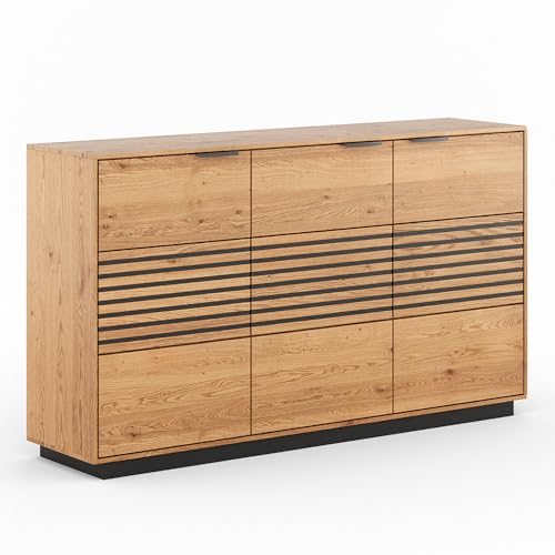 Wohnzimmer Sideboard Kommode mit 154 cm Breite aus Eiche massiv geölt mit schwarzen Lamellen, Echtholz/Massivholz, montierte Lieferung von Lomadox