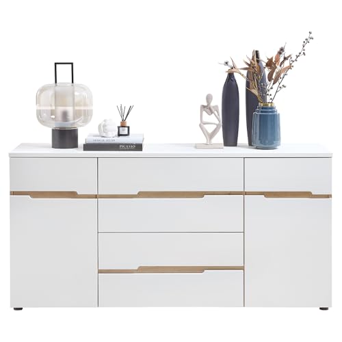 Wohnzimmer Sideboard Kommode mit 165 cm Breite in weiß supermatt und Eiche, grifflos von Lomadox