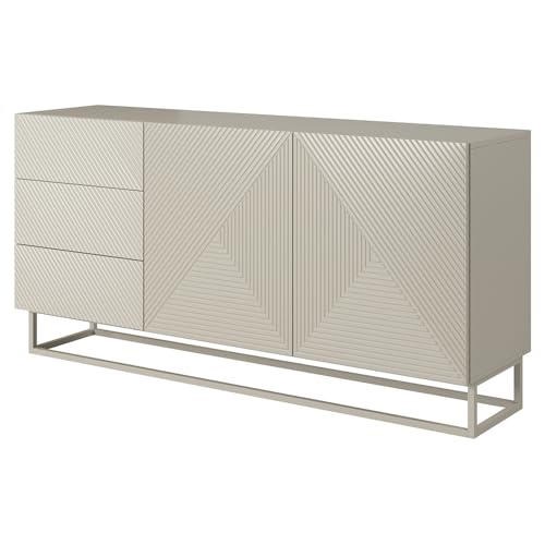 Wohnzimmer Sideboard Kommode mit 167 cm Breite in Kaschmir mit Metallgestell, 3 Schubladen und 4 Türen, gerillte Front, grifflos, Push-to-Open Wohnzimmer Sideboard Kommode mit 167 cm Breite in Kaschmir mit Metallgestell, 3 Schubladen und 4 Türen, gerillte Front, grifflos, Push-to-Open von Lomadox
