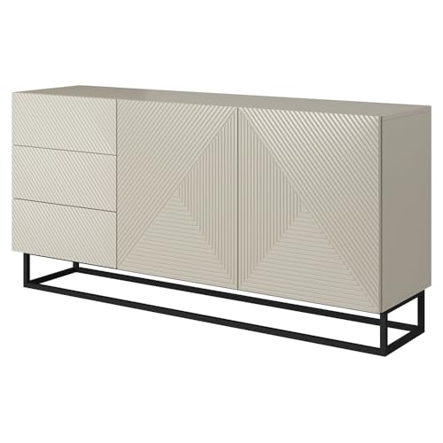 Wohnzimmer Sideboard Kommode mit 167 cm Breite in Kaschmir mit schwarzem Metallgestell, 3 Schubladen und 4 Türen, gerillte Front, grifflos, Push-to-Open von Lomadox