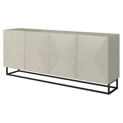 Wohnzimmer Sideboard Kommode mit 200 cm Breite in Kaschmir mit schwarzem Metallgestell, 4 Türen, gerillte Front, grifflos, Push-to-Open Wohnzimmer Sideboard Kommode mit 200 cm Breite in Kaschmir mit schwarzem Metallgestell, 4 Türen, gerillte Front, grifflos, Push-to-Open von Lomadox