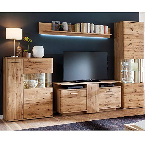 Wohnzimmer Wohnwand 320cm Asteiche Bianco massiv geölt mit Highboard, Lowboard, Vitrine und Regal inkl. LED von Lomadox