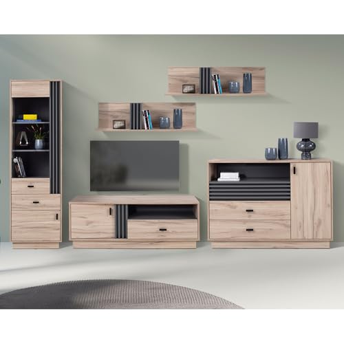 Wohnzimmermöbel-Set mit Kommode, Vitrine & Lowboard in Eiche anthrazitfarbenen Akzenten, modern 5-teilig Wohnzimmermöbel-Set mit Kommode, Vitrine & Lowboard in Eiche anthrazitfarbenen Akzenten, modern 5-teilig von Lomadox