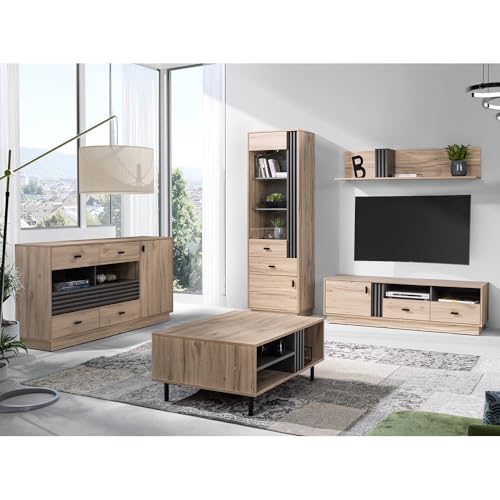 Wohnzimmermöbel-Set mit Sideboard, Lowboard & Vitrine in Eiche mit anthrazitfarbenen Akzenten, modern 5-teilig von Lomadox