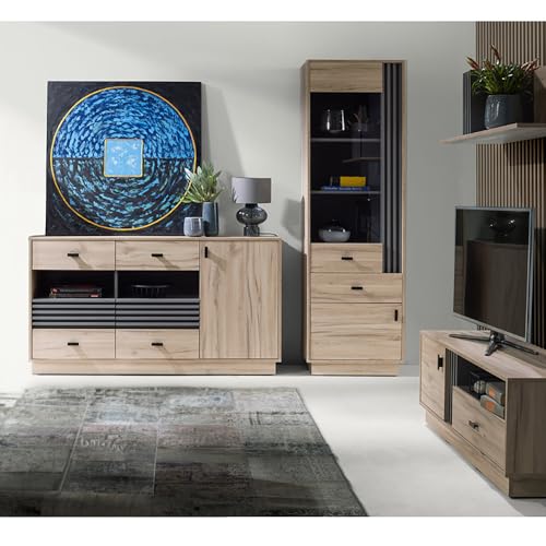 Wohnzimmermöbel-Set mit Vitrine, Sideboard & Lowboard in Eiche mit anthrazitfarbenen Akzenten, modern 4-teilig von Lomadox