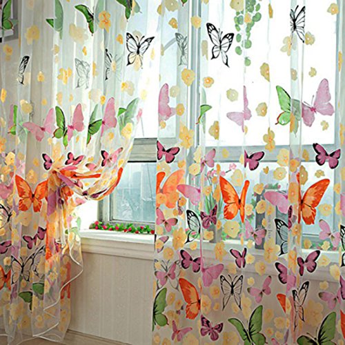 Lommer Vorhang Transparent, 2er 200x100CM Gardinen Set Beflockung Fenstersiebung Voile Schlaufenschal Tüll Fenster Vorhang Garn für Schlafzimmer und Wohnzimmer, Schmetterlingsmuster (Bunt) von Lommer