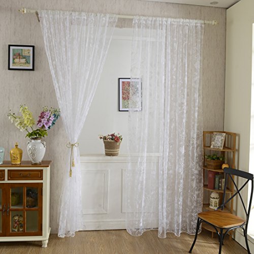 Lommer Vorhang Transparent, 2er 200x100CM Gardinen Set Beflockung Fenstersiebung Voile Schlaufenschal Tüll Fenster Vorhang Garn für Schlafzimmer und Wohnzimmer, Schmetterlingsmuster (Weiß) von Lommer